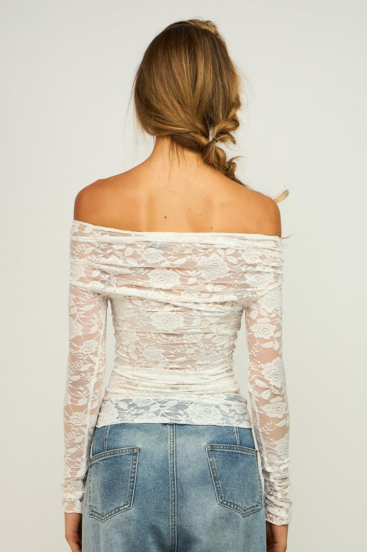 Sheer Floral Lace Off Shoulder Top